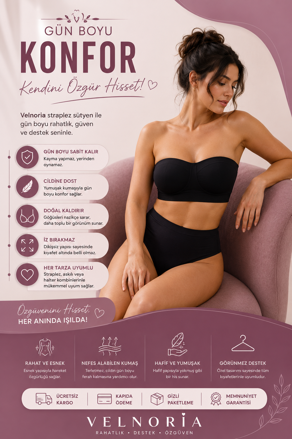 Velnoria StayFit Kaymaz Straplez Sütyen