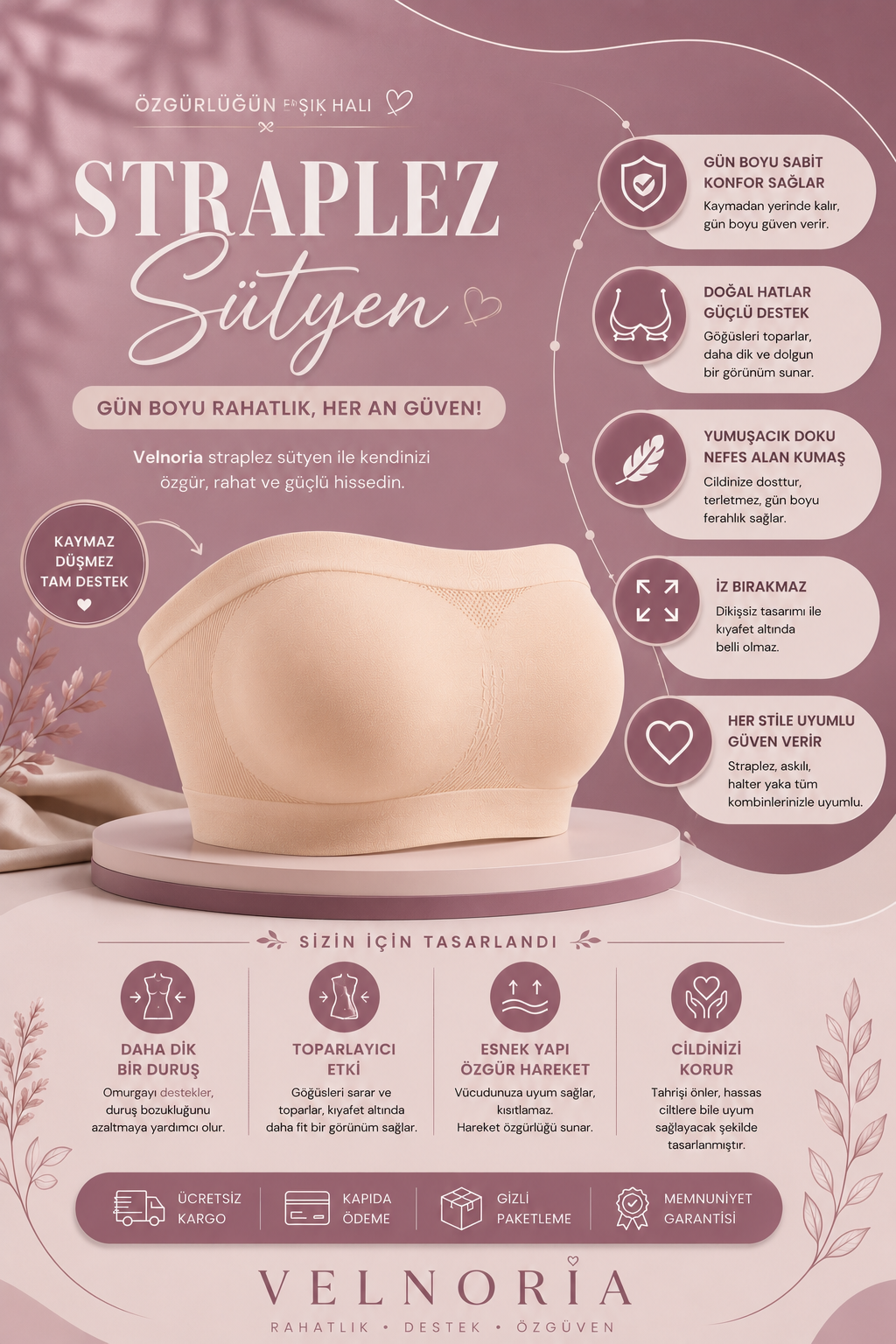 Velnoria StayFit Kaymaz Straplez Sütyen